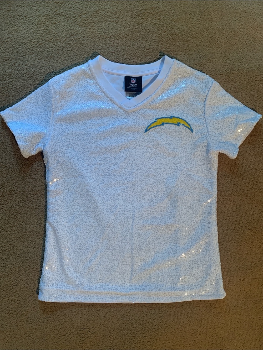 NFL White Sequin V-Neck Tee with Yellow Lightning Bolt